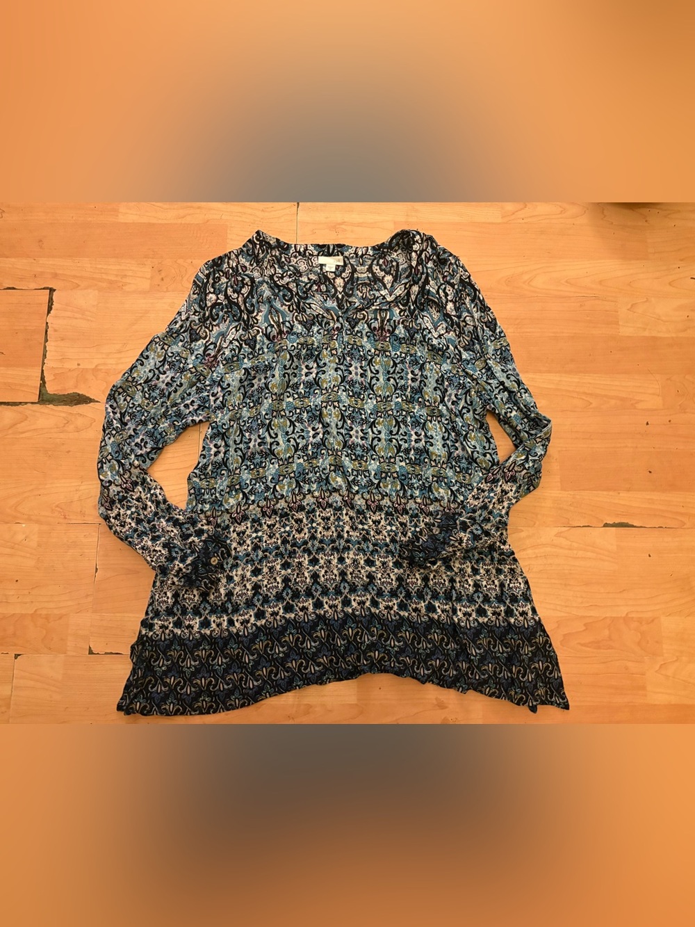 J. JILL Blue White Tunic Top Size XL women Long Sleeve Casual V-neck Rayon AB26